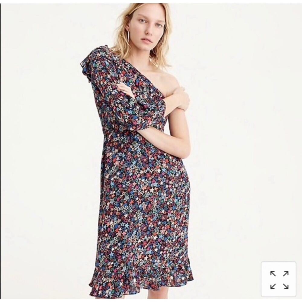 EUC J. CREW Womens One Shoulder Dress Sz 12P Petite Kaleidoscope Stars